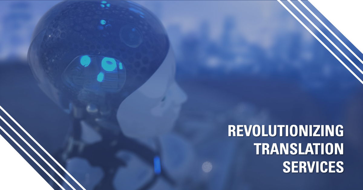 (machine learning) A blue light emanates from the head of a white robot. Text above the robot reads: "Revolutionizing translation services."